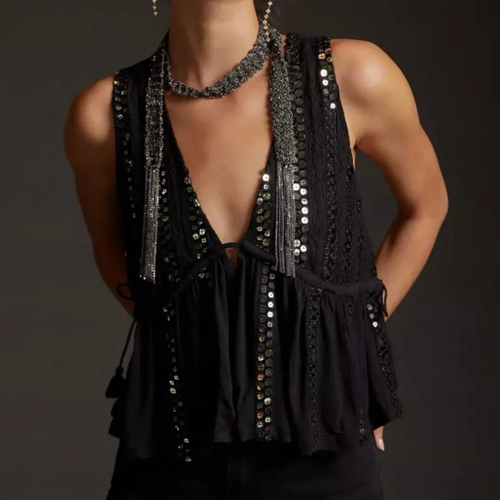 Anthropologie Black Sequin Embellished Top - Picture 1 of 11